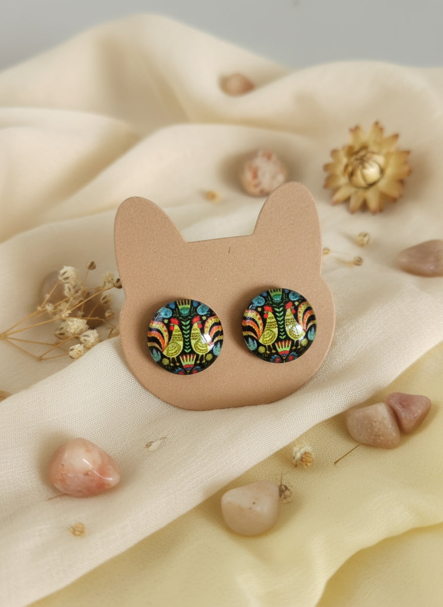 Cabochon Earring with Bird