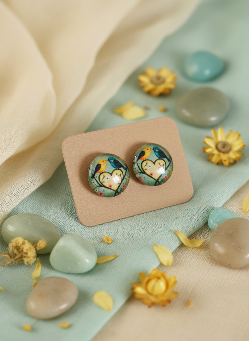 Cabochon Earring with Bird