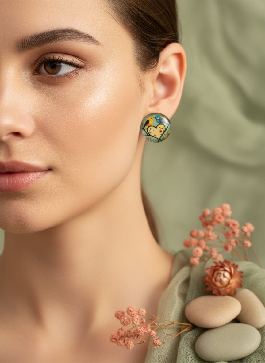 Cabochon Earring with Bird