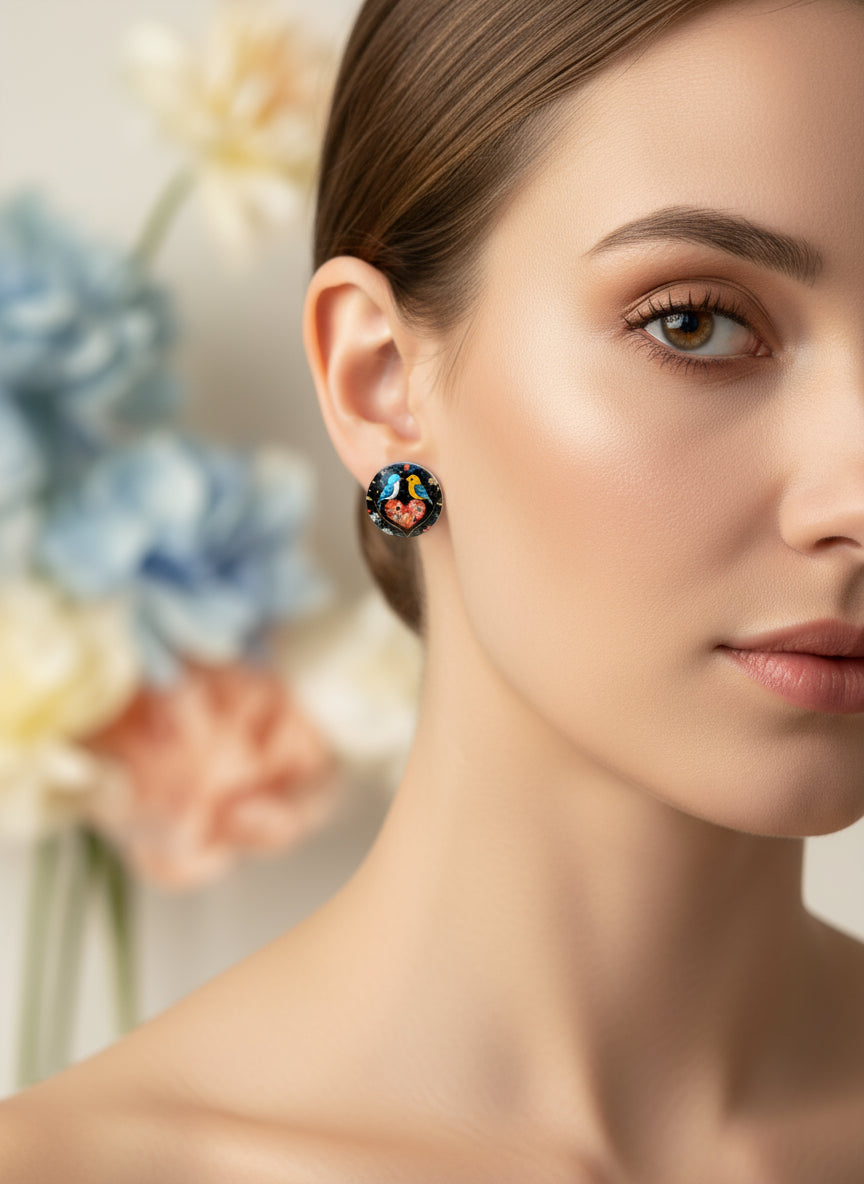 Cabochon Earring with Bird