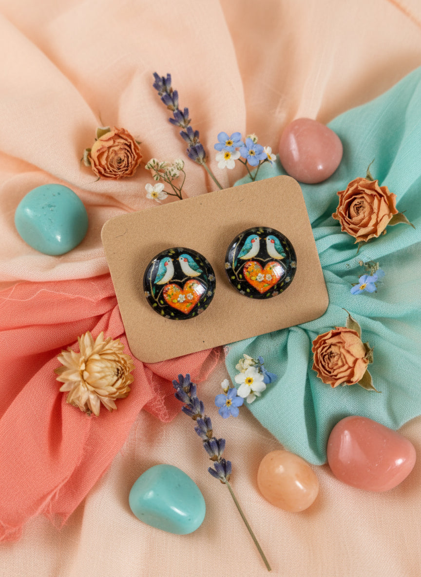 Cabochon Earring with Bird