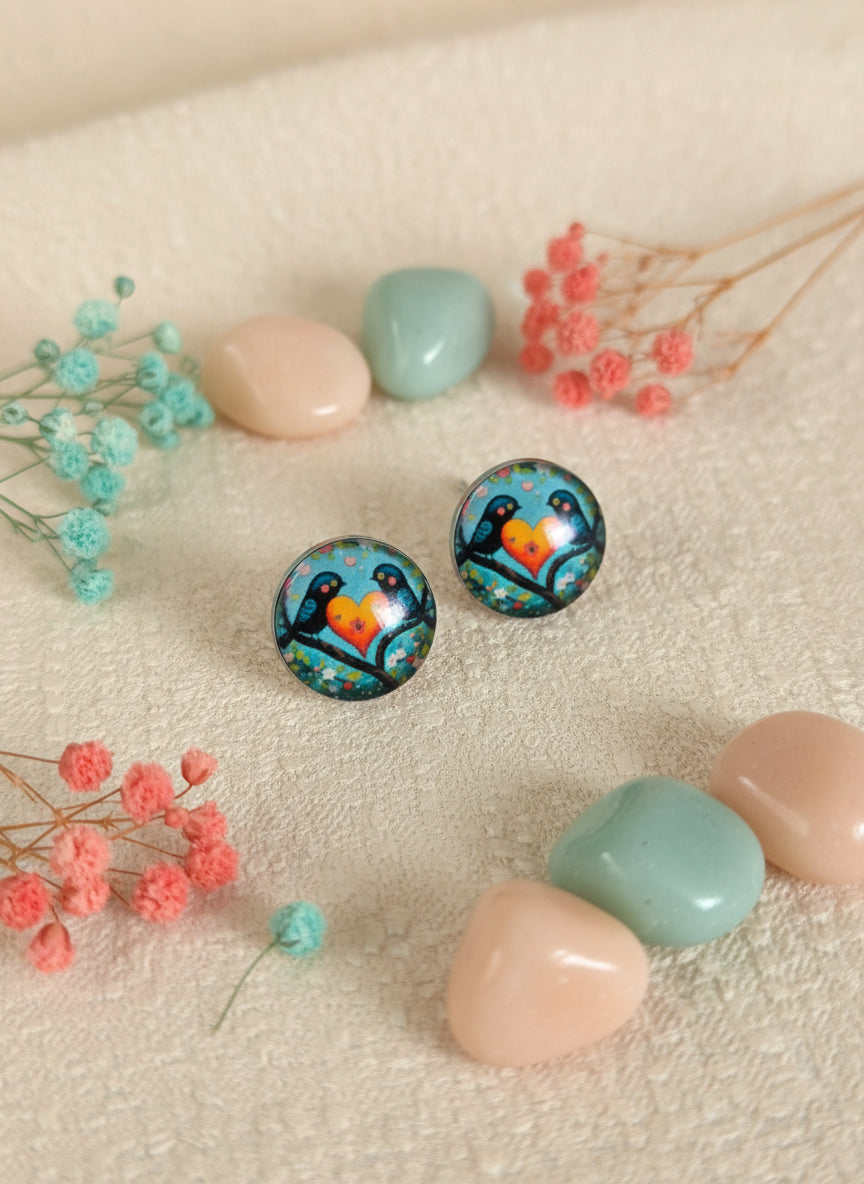 Cabochon Earring with Bird