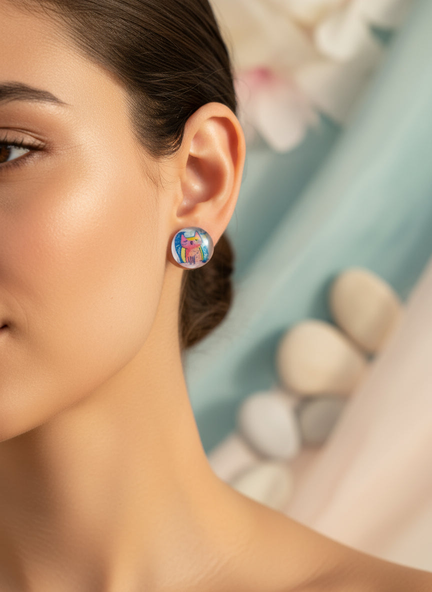 Cabochon Earring with Cat