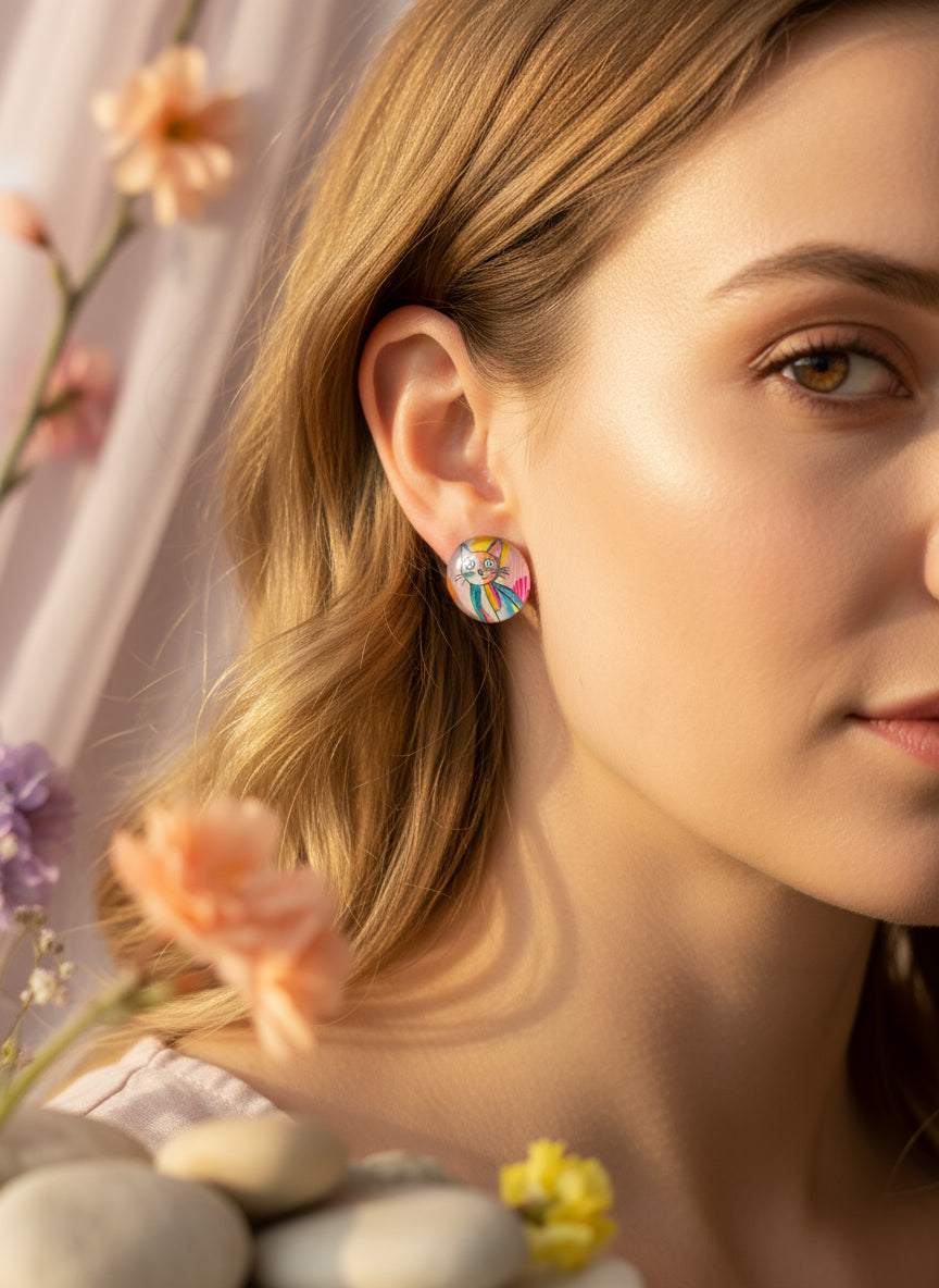 Cabochon Earring with Cat