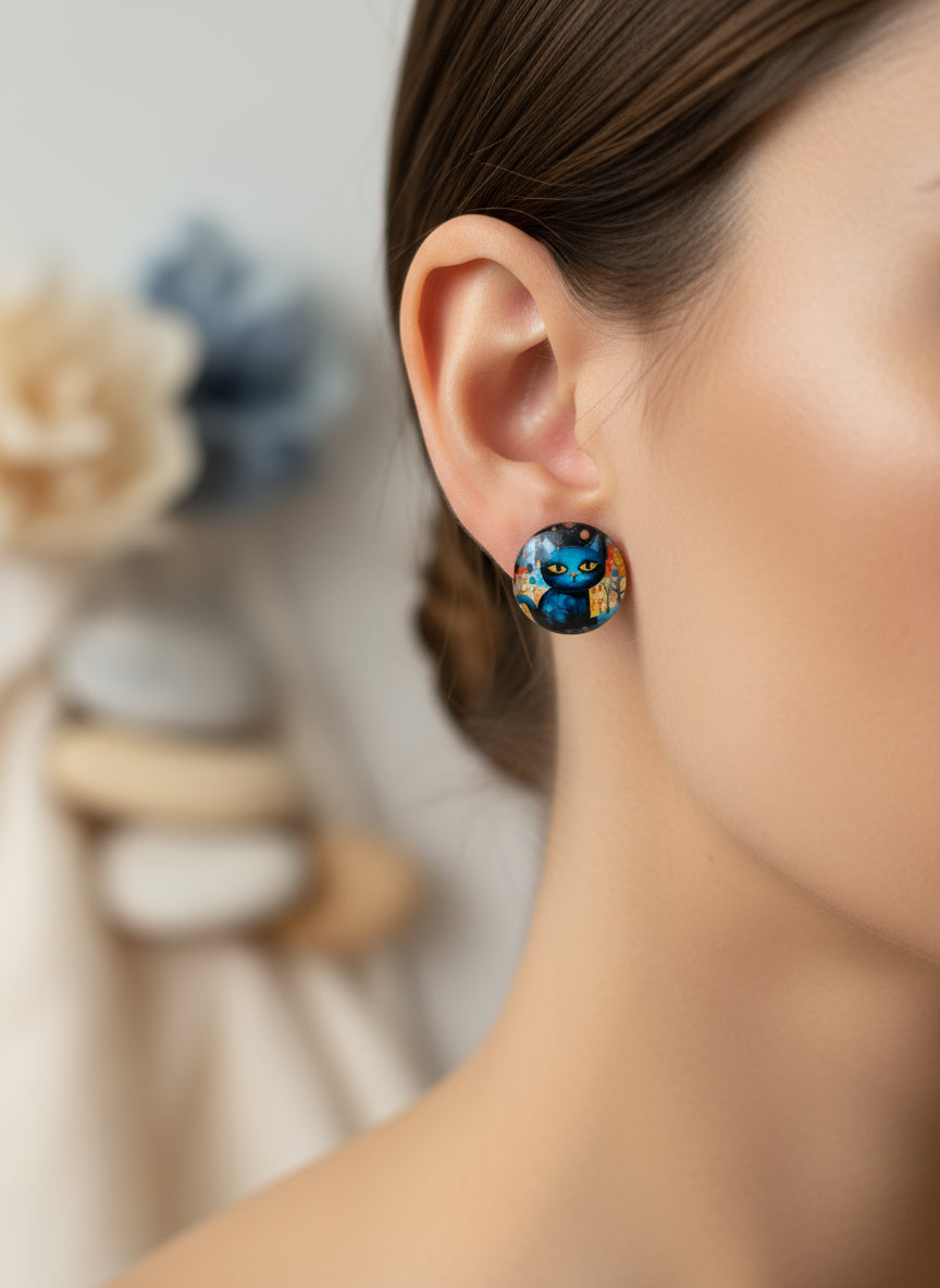 Cabochon Earring with Cat