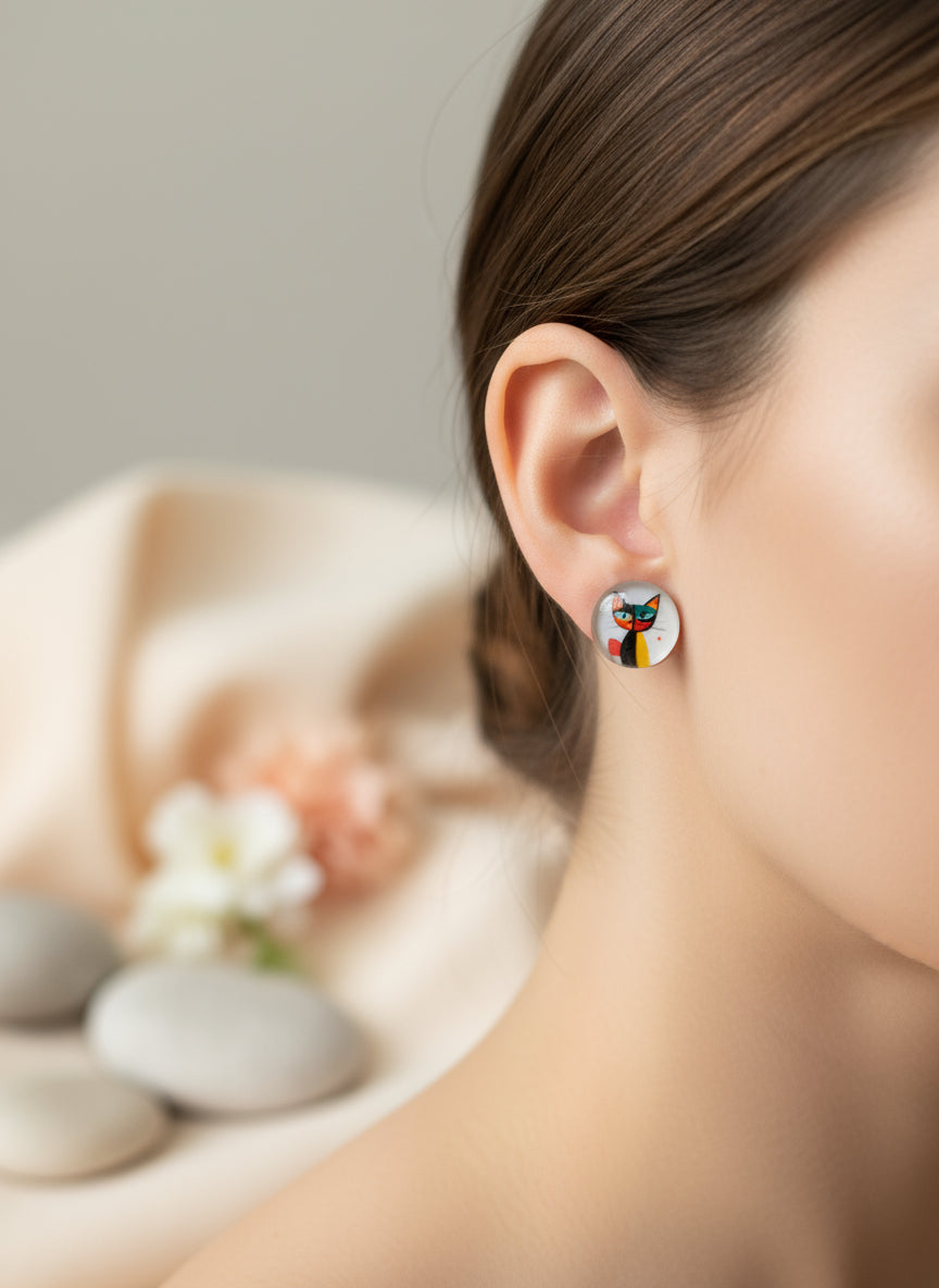 Cabochon Earring with Cat