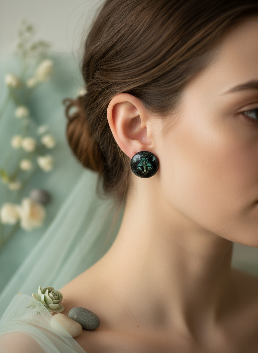 Cabochon Earring with Cat