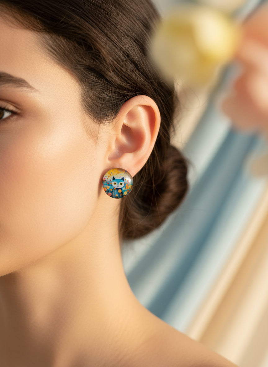 Cabochon Earring with Cat