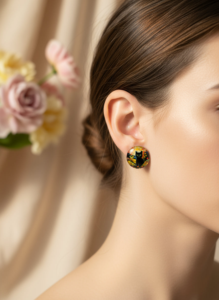 Cabochon Earring with Cat