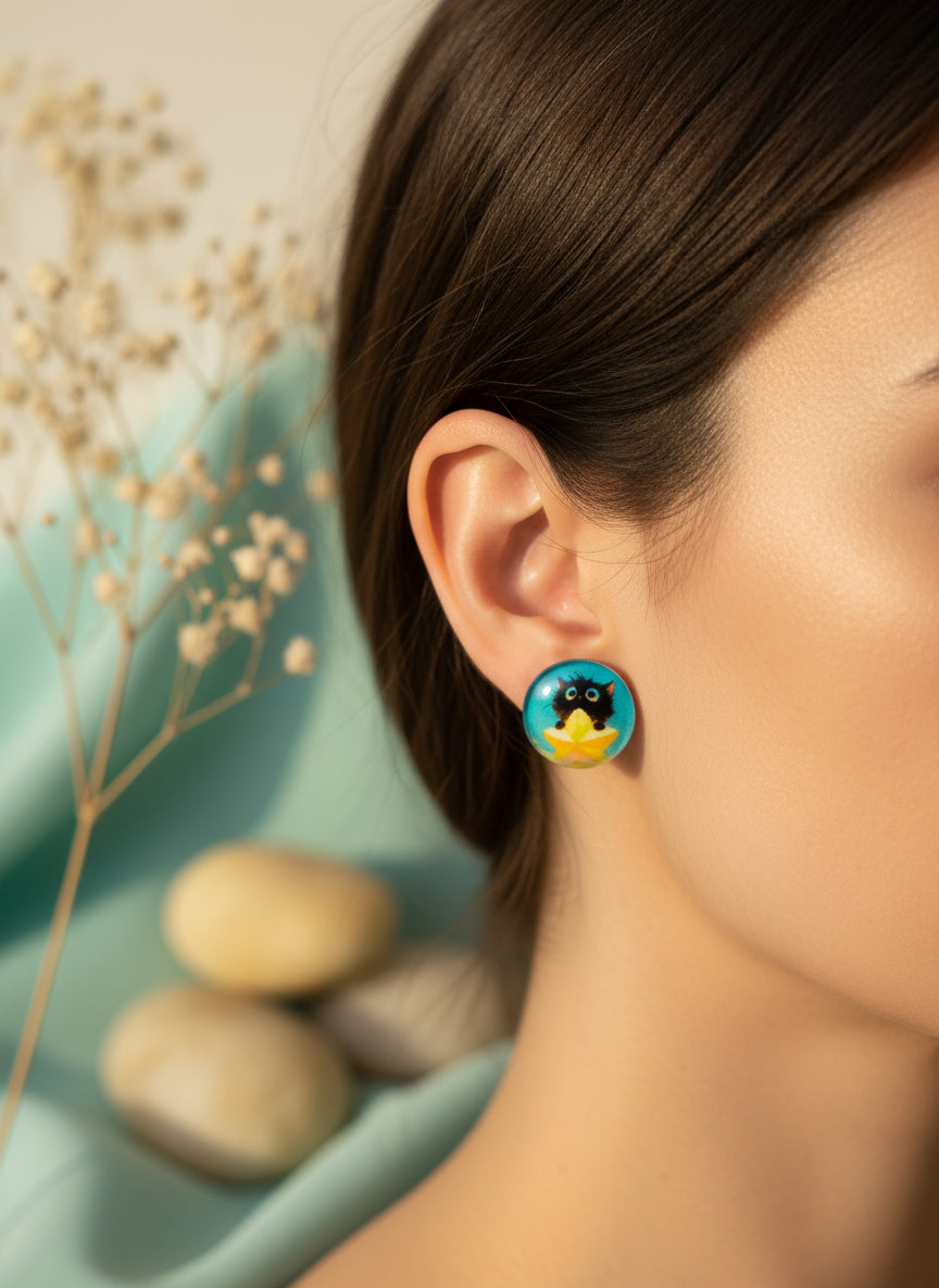 Cabochon Earring with Cat