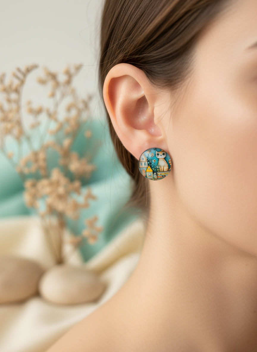 Cabochon Earring with Cat