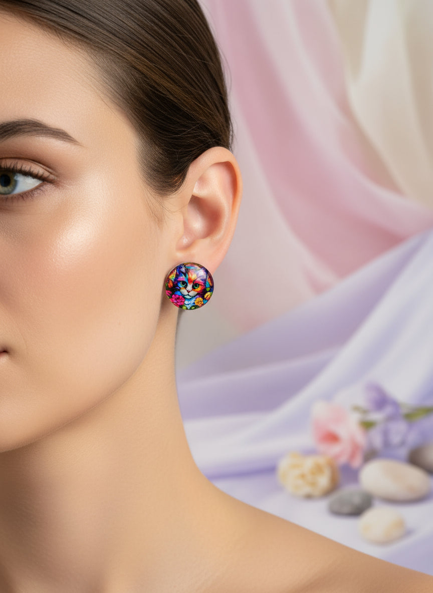 Cabochon Earring with Cat