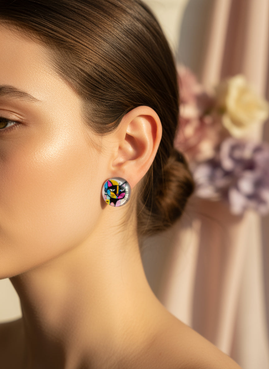Cabochon Earring with Cat