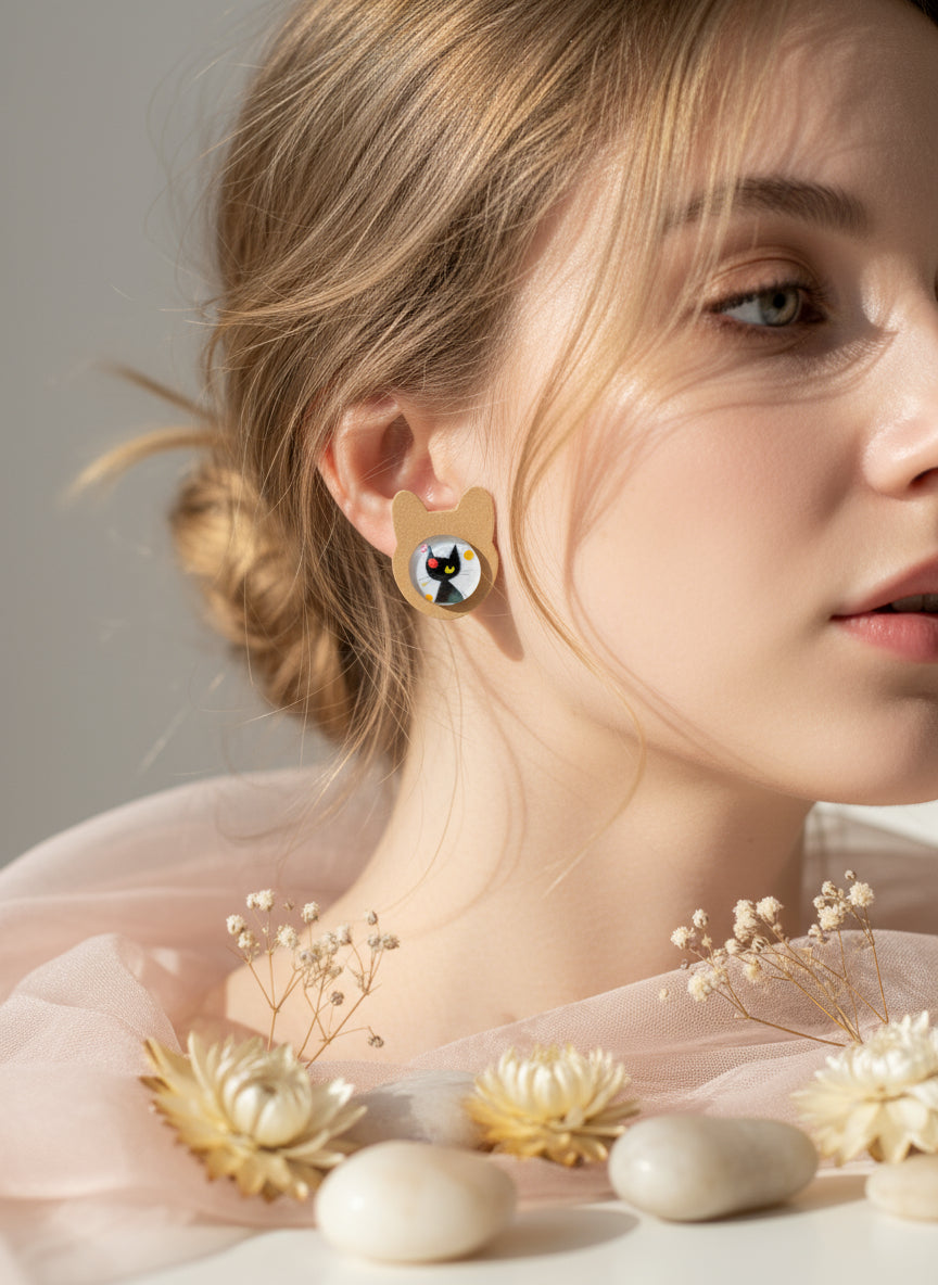 Cabochon Earring with Cat