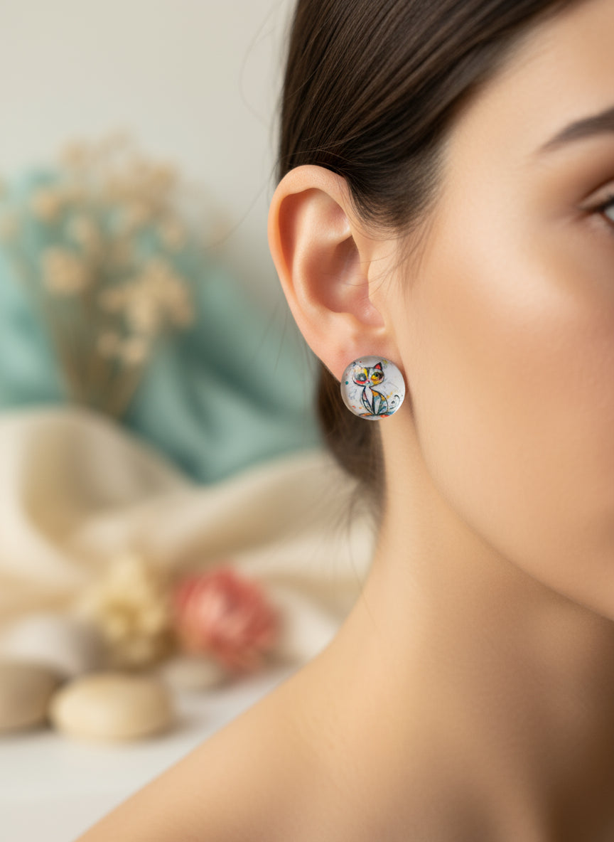 Cabochon Earring with Cat