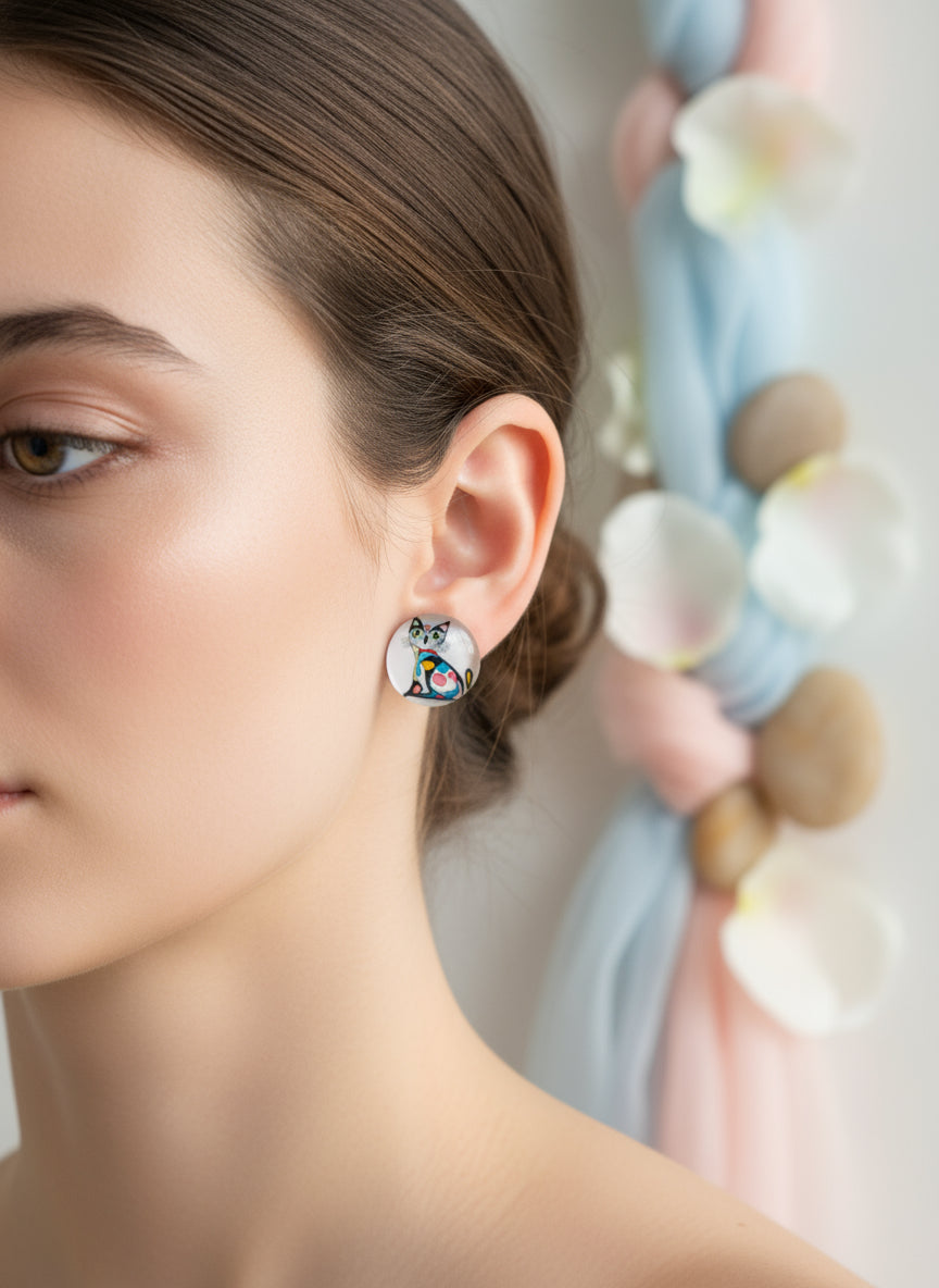 Cabochon Earring with Cat