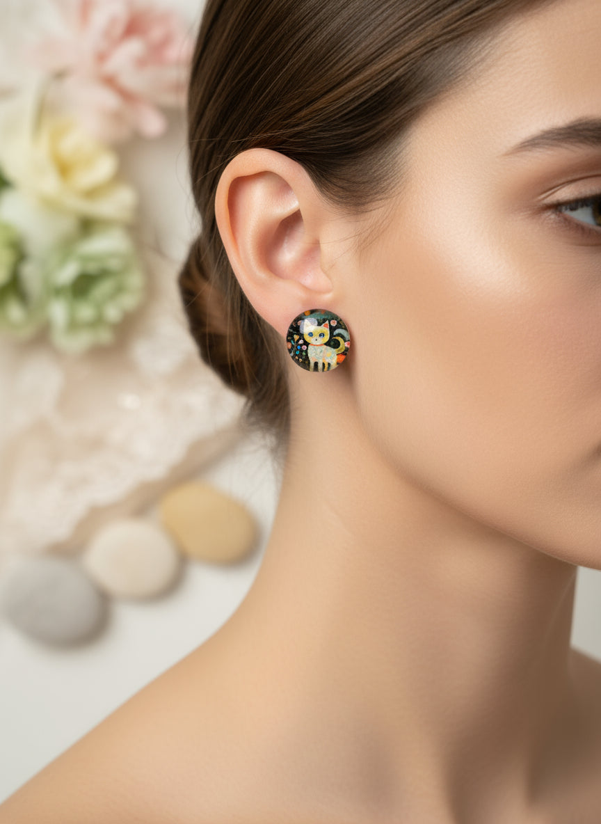 Cabochon Earring with Cat