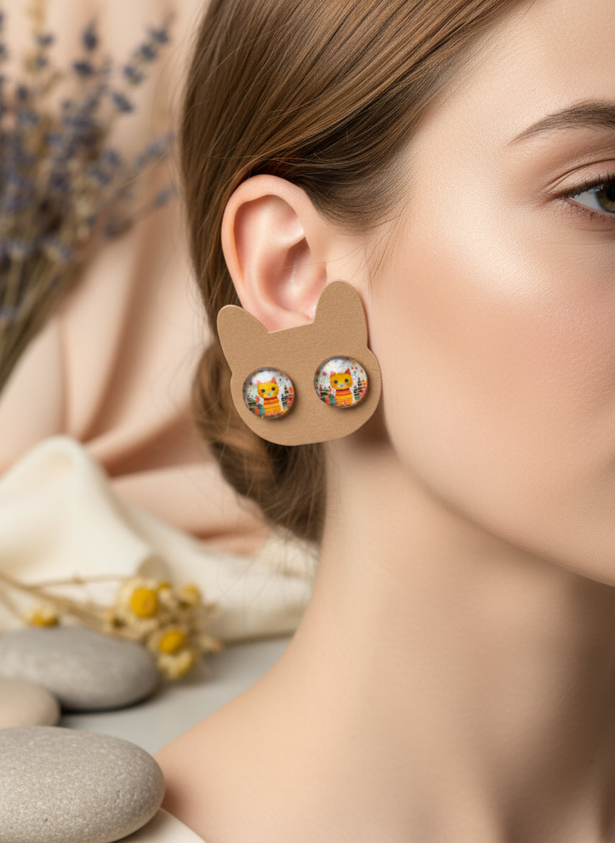 Cabochon Earring with Cat