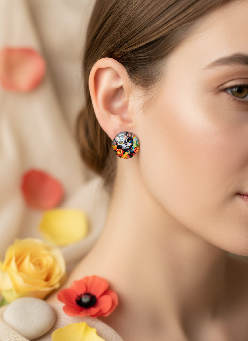 Cabochon Earring with Cat