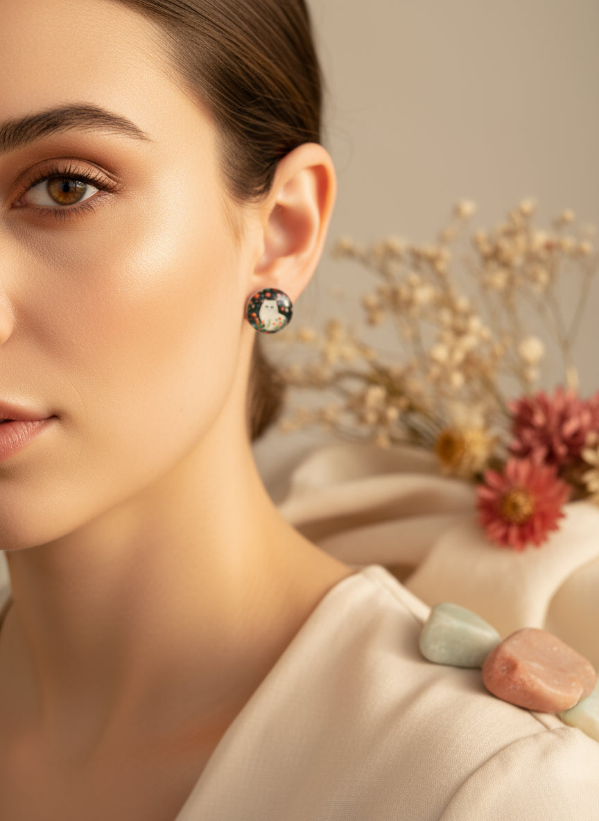 Cabochon Earring with Cat