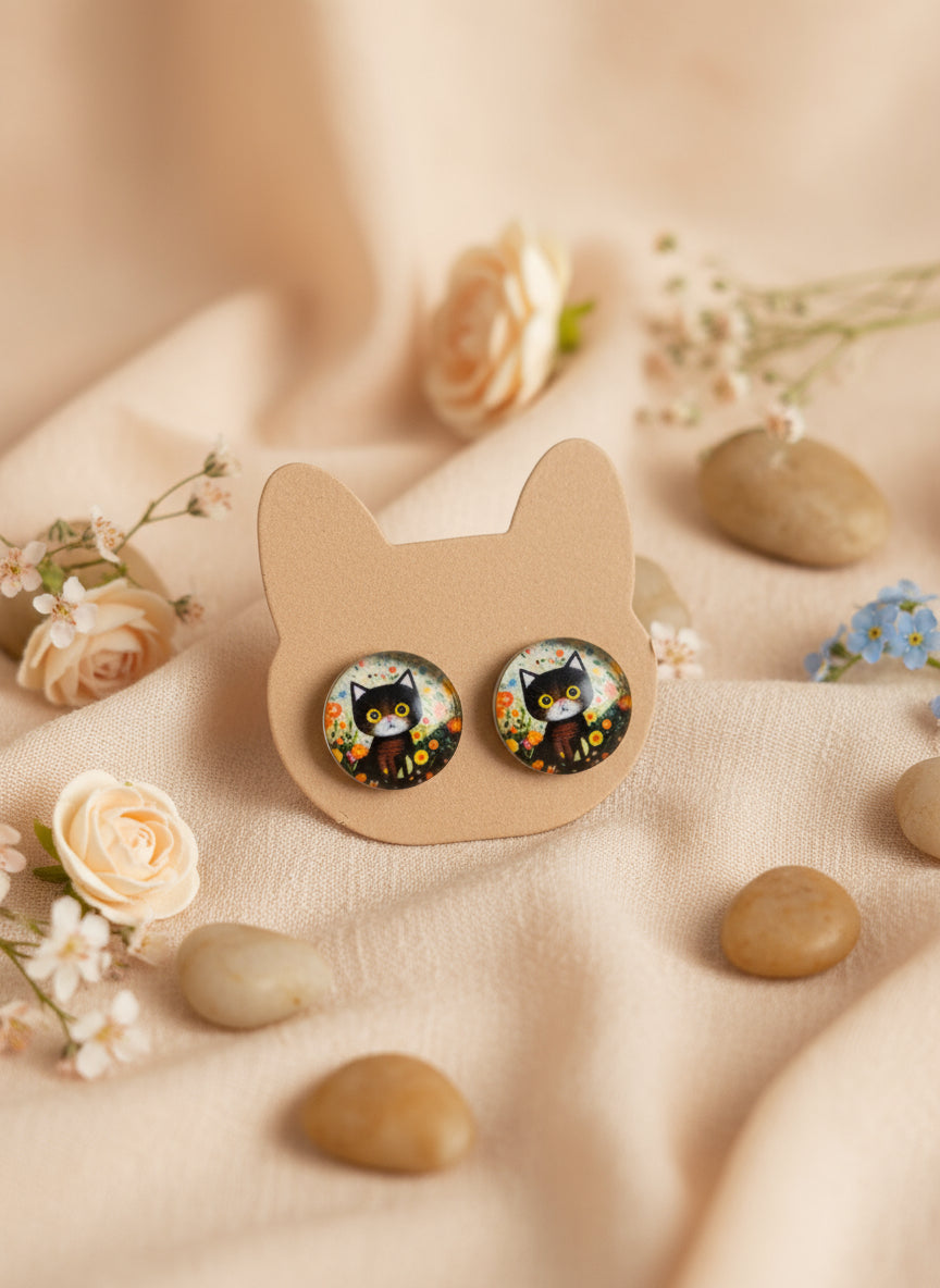 Cabochon Earring with Cat