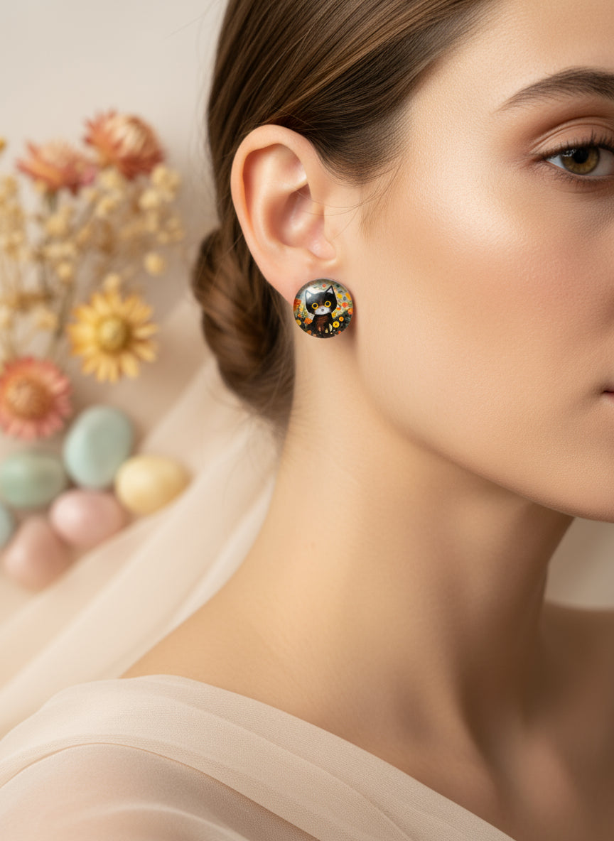 Cabochon Earring with Cat