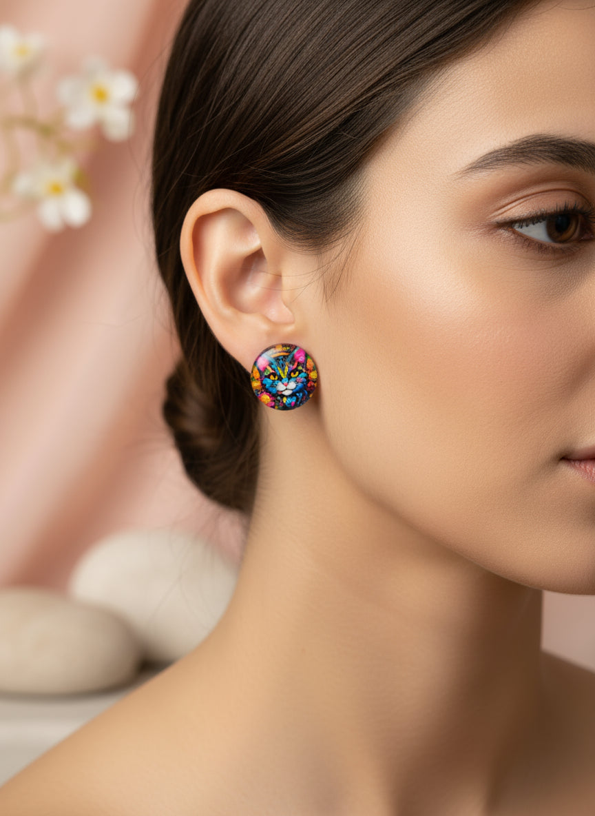 Cabochon Earring with Cat