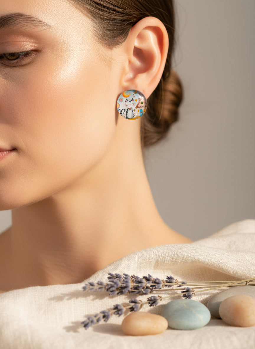 Cabochon Earring with Cat