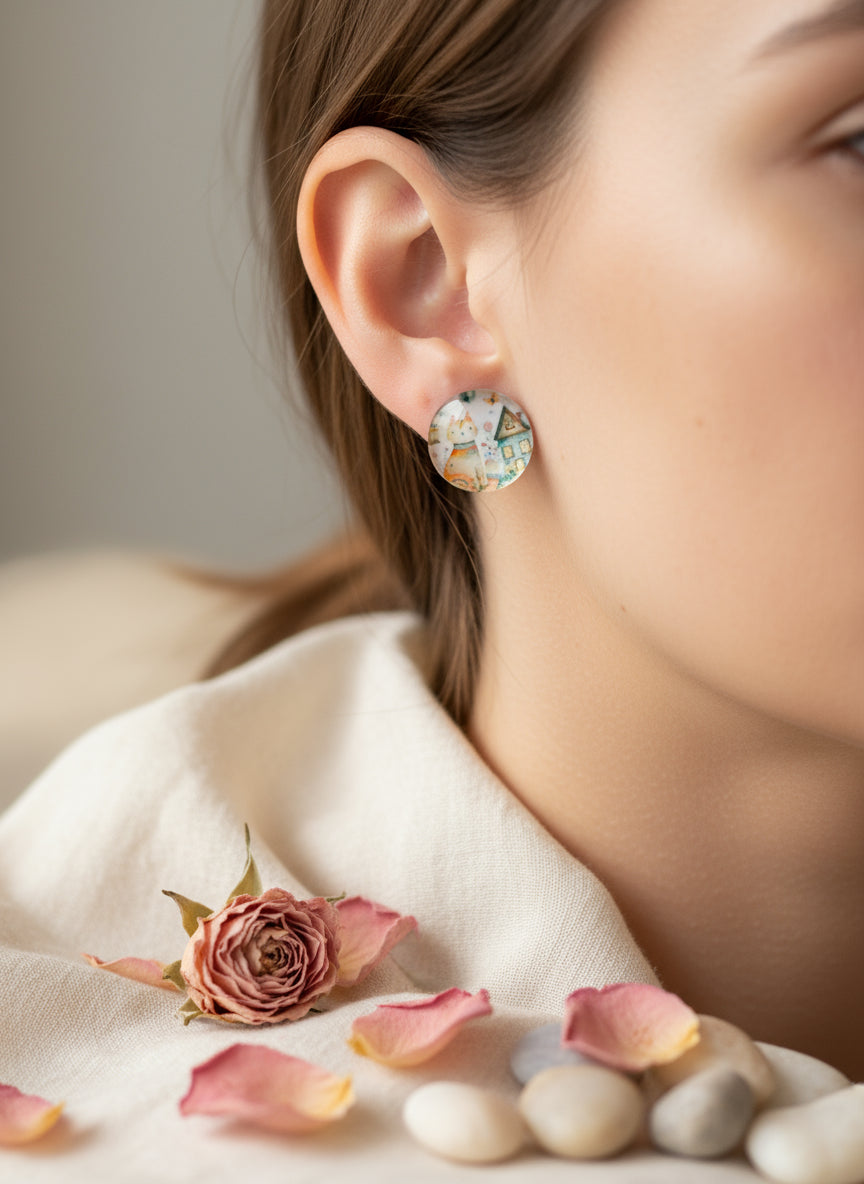 Cabochon Earring with Cat