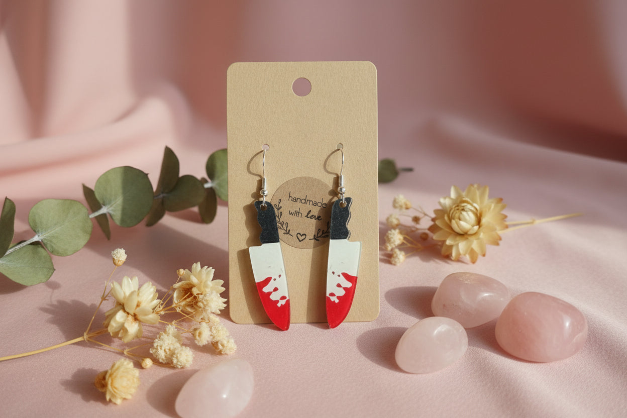 Műanyag fülbevaló Halloween véres kés