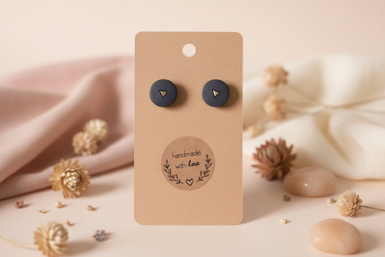 Button Earring Black with Gold