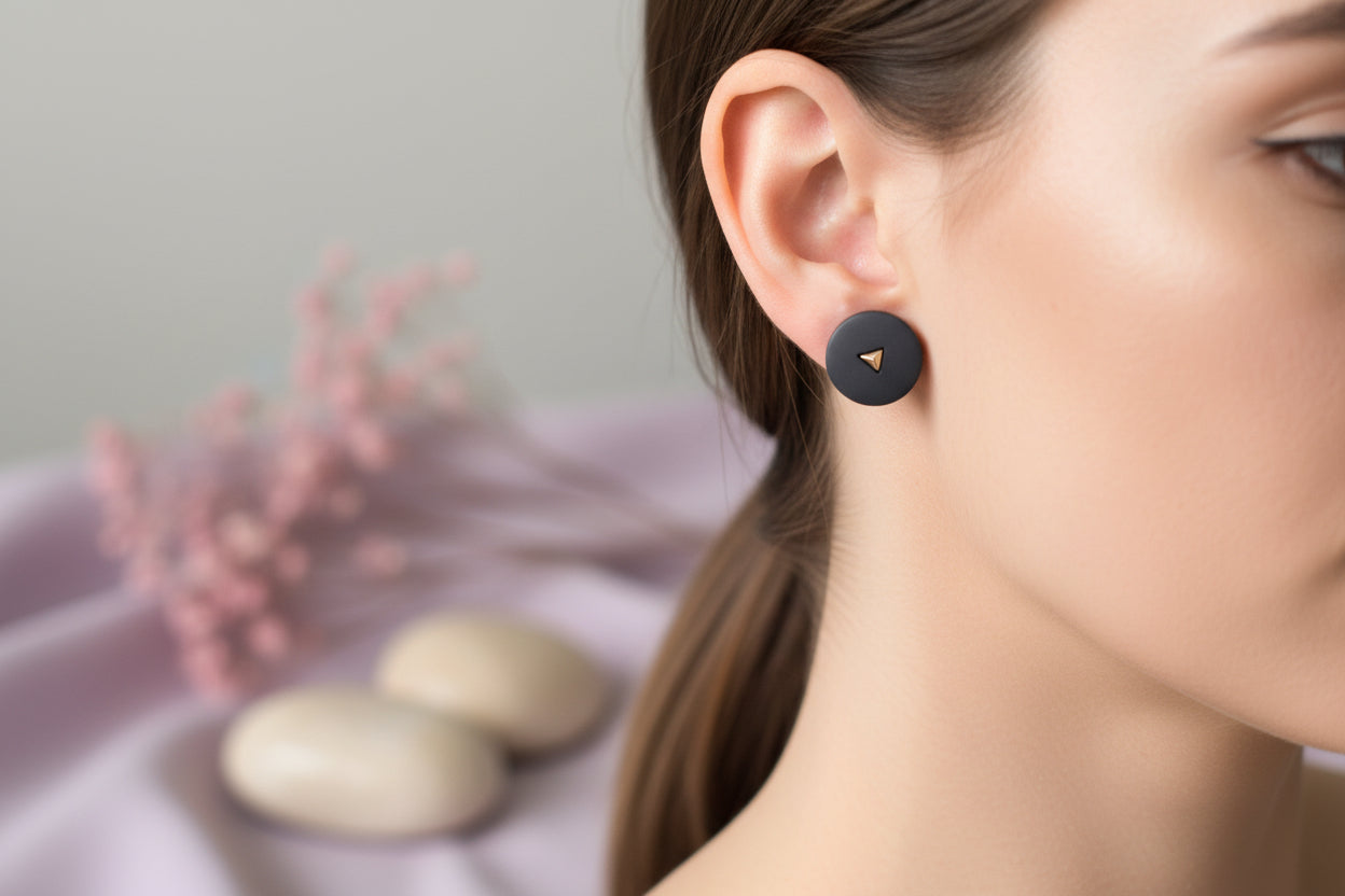 Button Earring Black with Gold