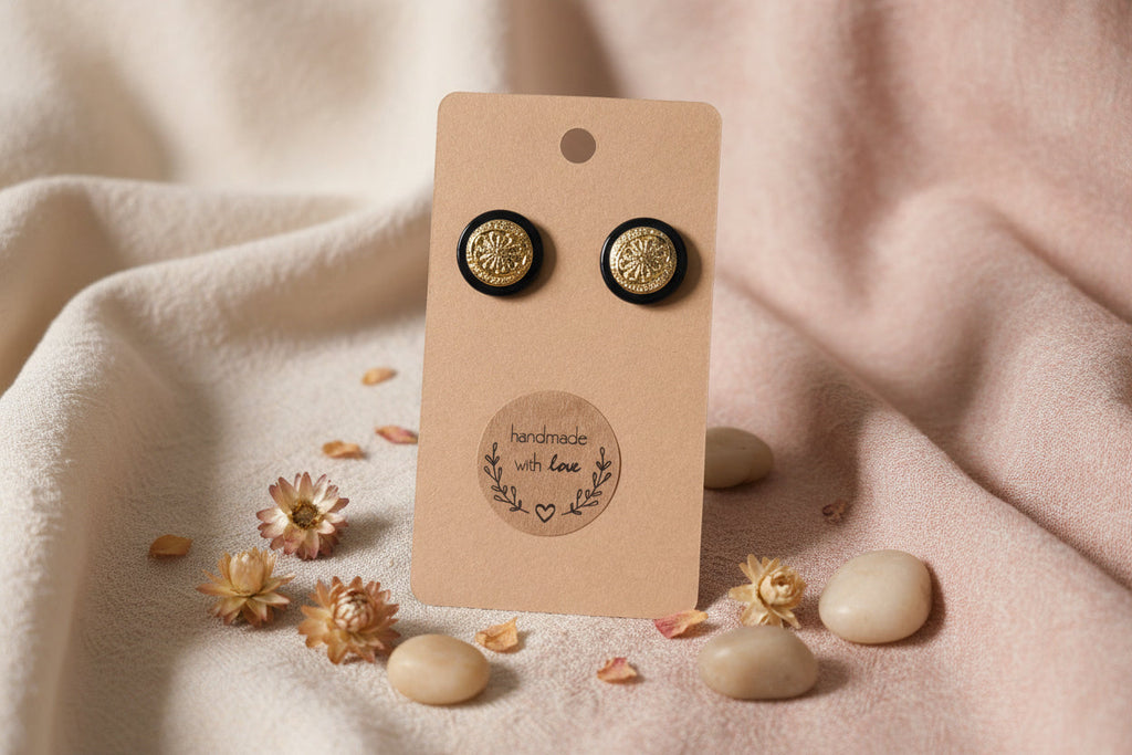 Button Earring Black with Gold