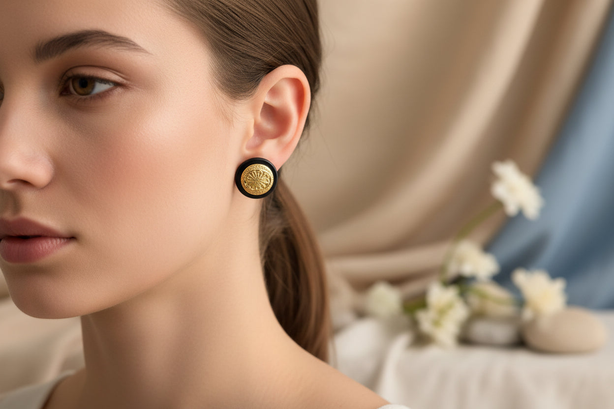 Button Earring Black with Gold