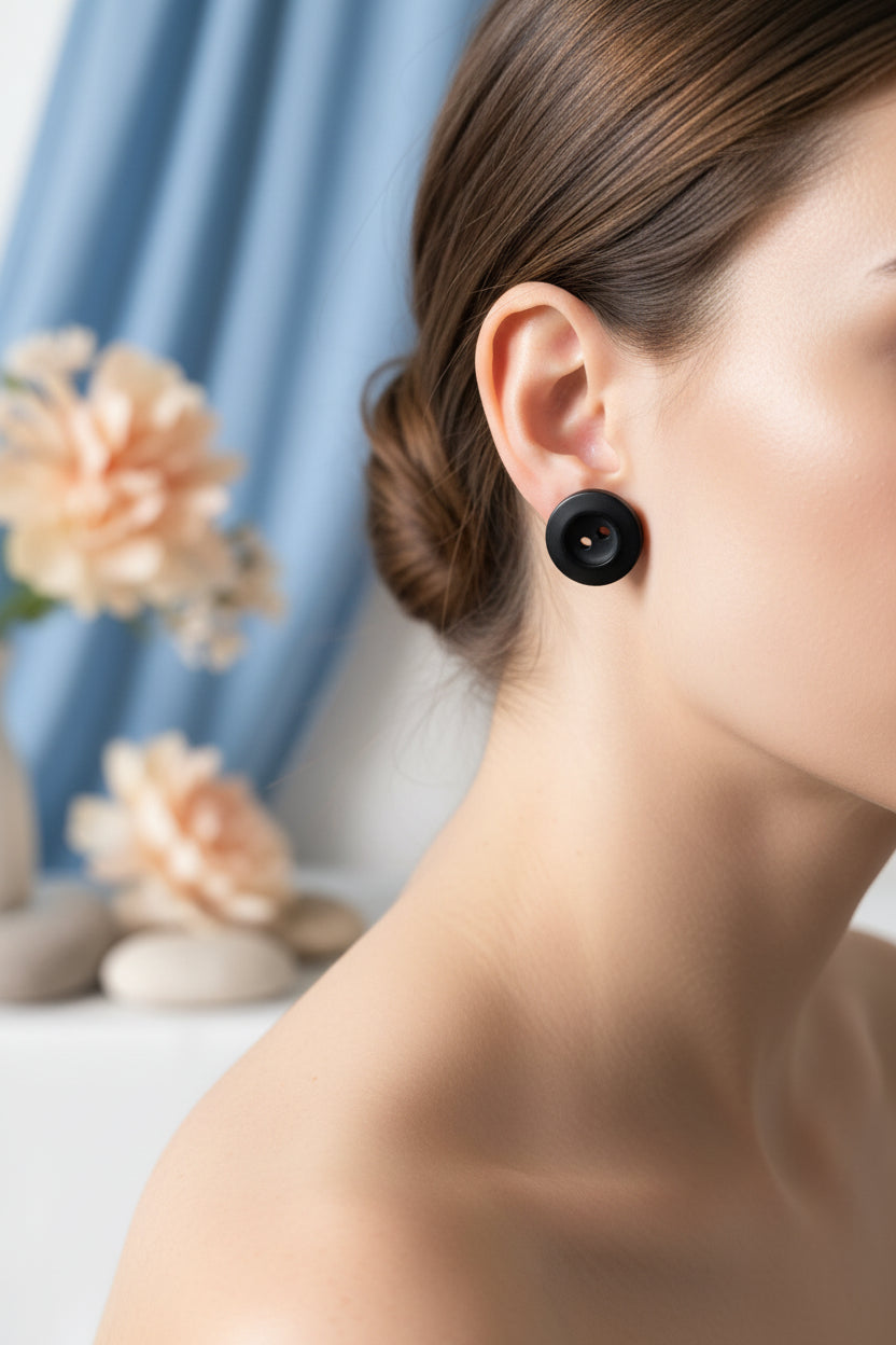 Button Earring Black with Gold