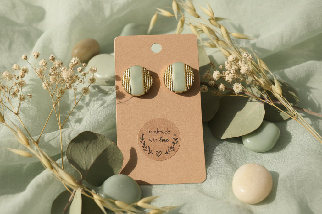 Button Earring White with Gold