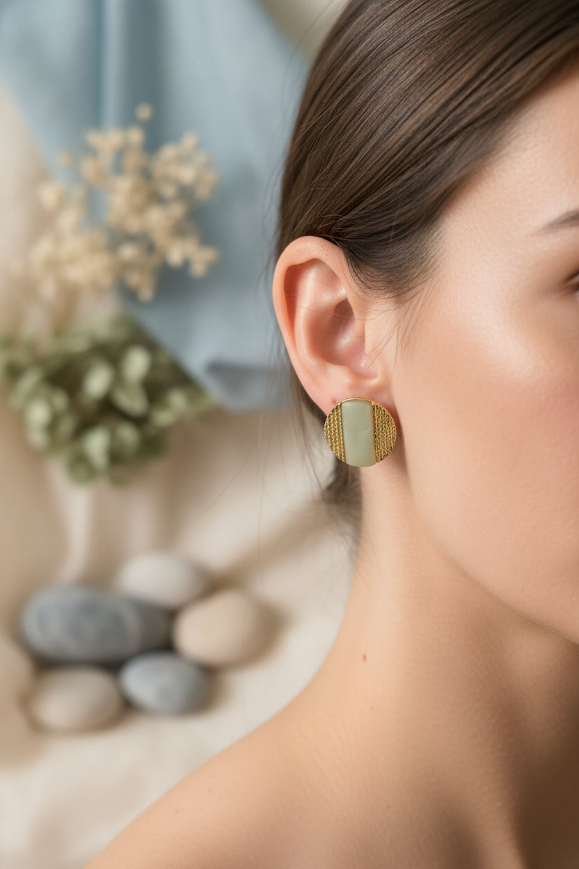 Button Earring White with Gold