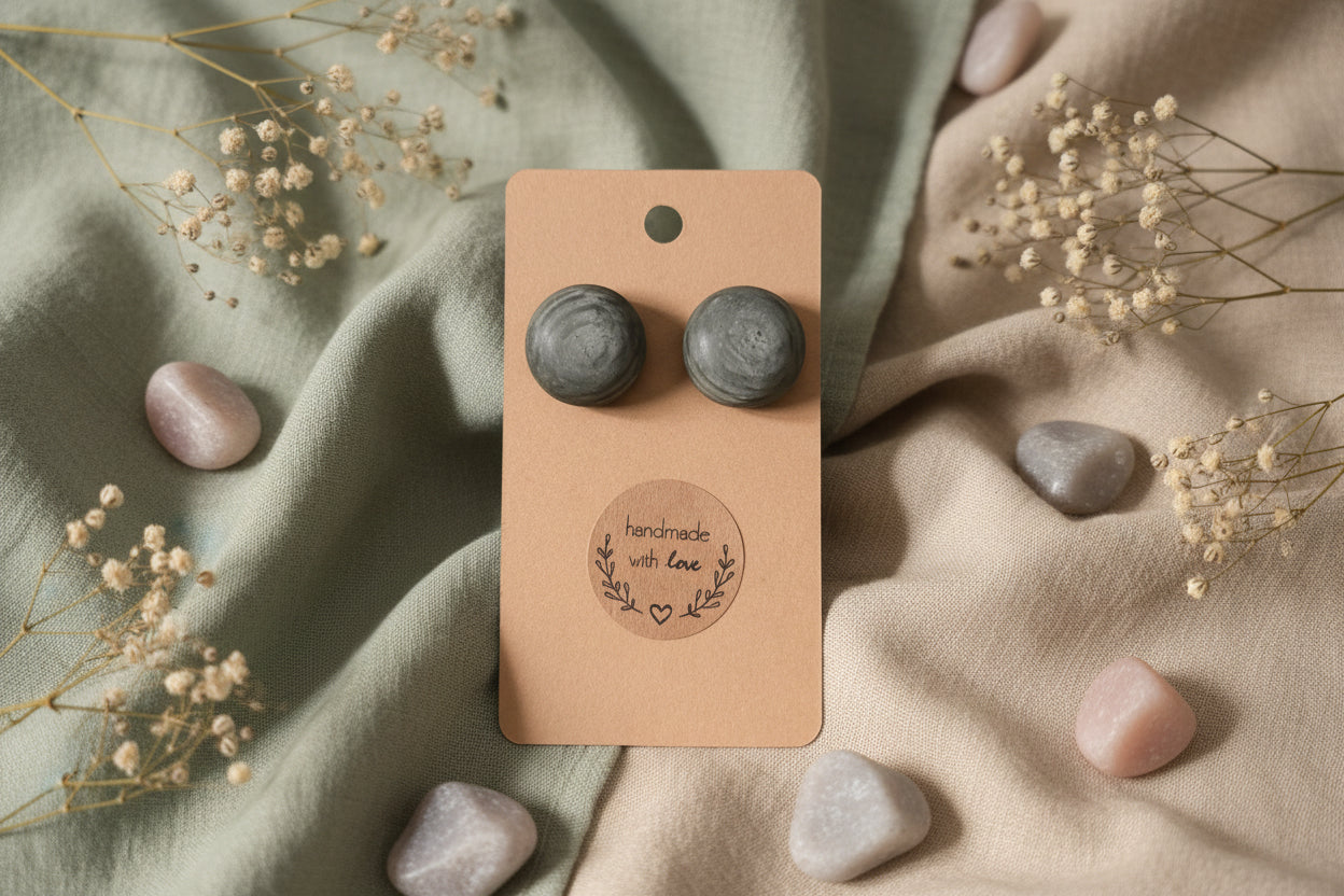 Button Earring Gray Domed Big