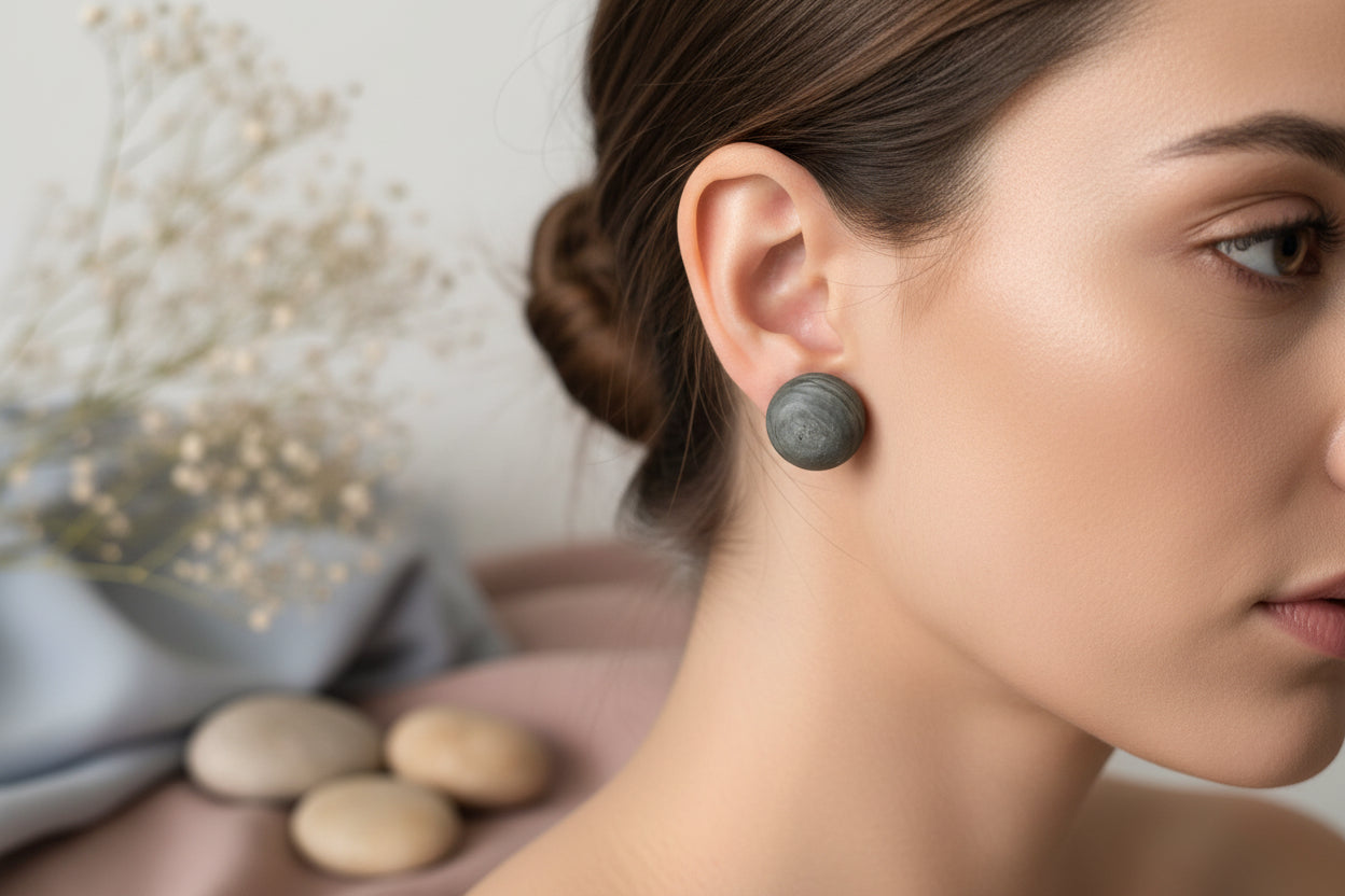 Button Earring Gray Domed Big