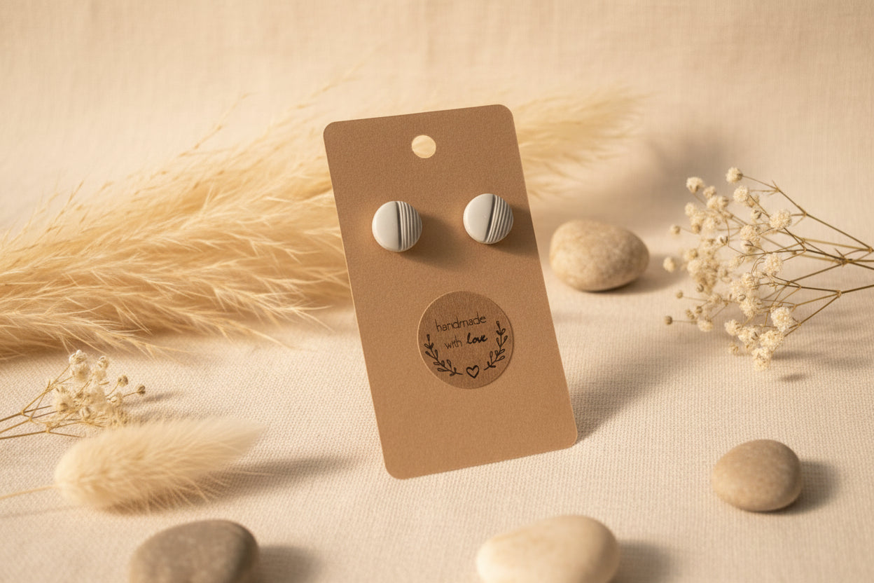 Button Earring White with Gold