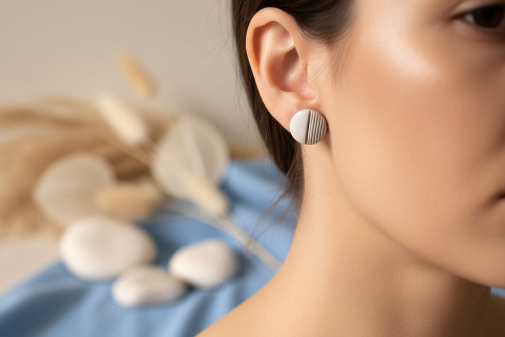 Button Earring White with Gold