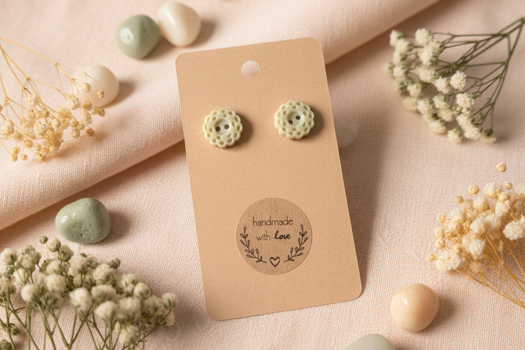 Button Earring Whtite Flower