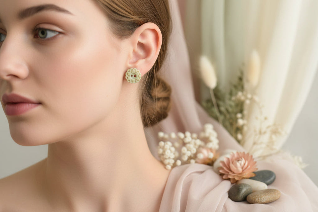 Button Earring Whtite Flower