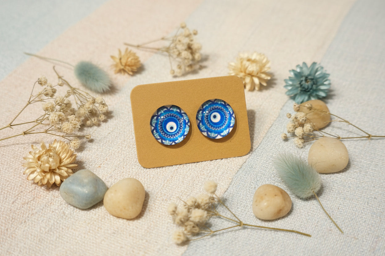 Cabochon Earring Blue Mandala