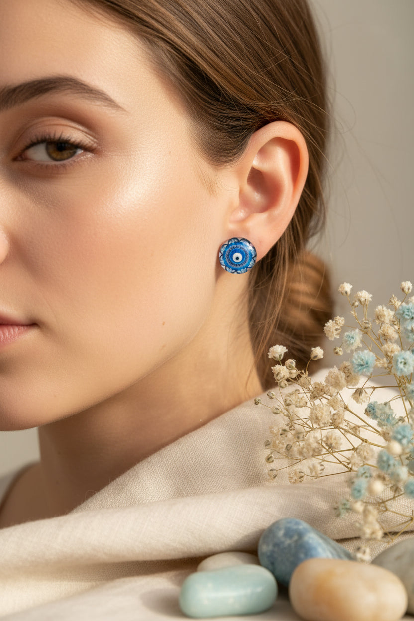 Cabochon Earring Blue Mandala