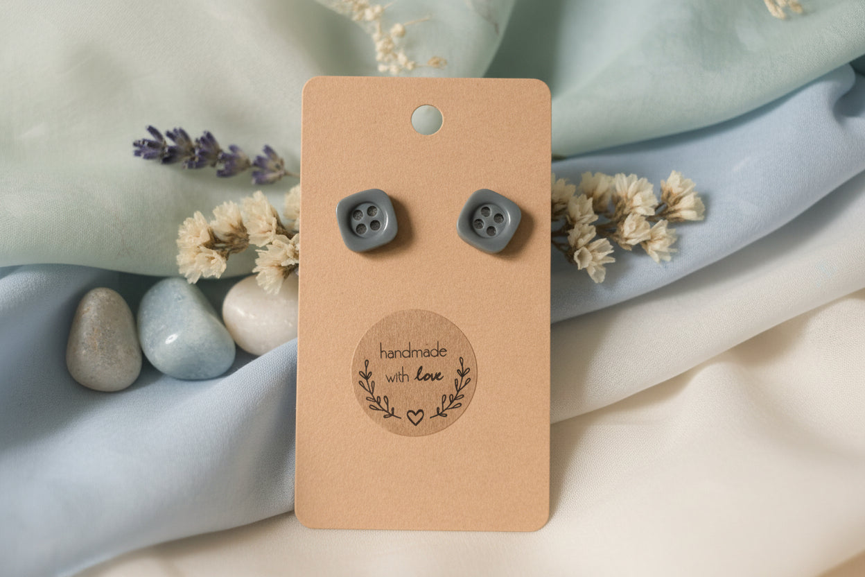 Button Earring Gray Square