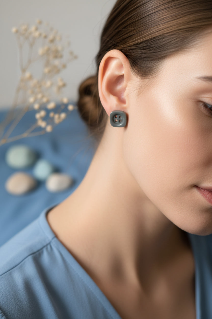 Button Earring Gray Square