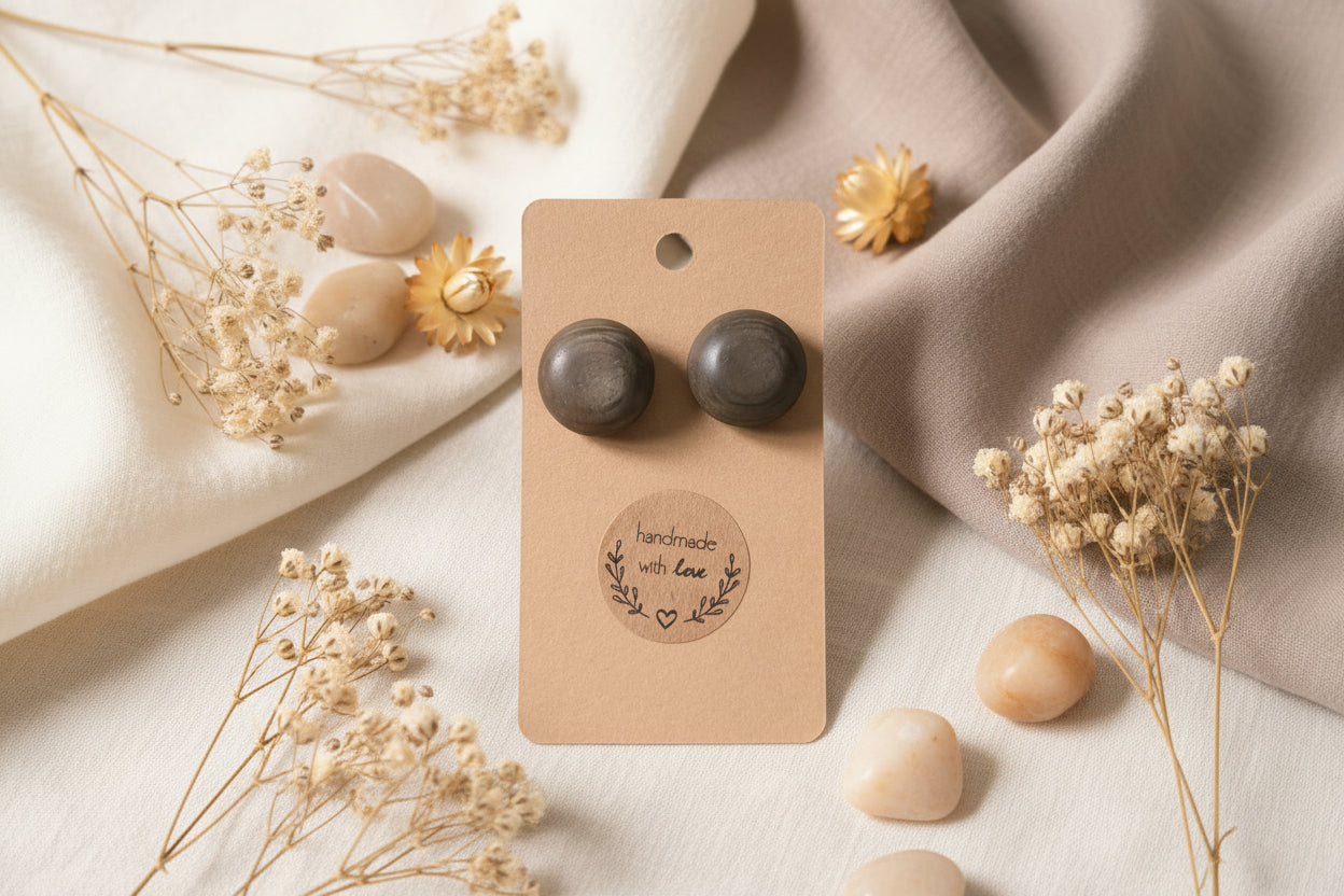 Button Earring Gray Domed Big