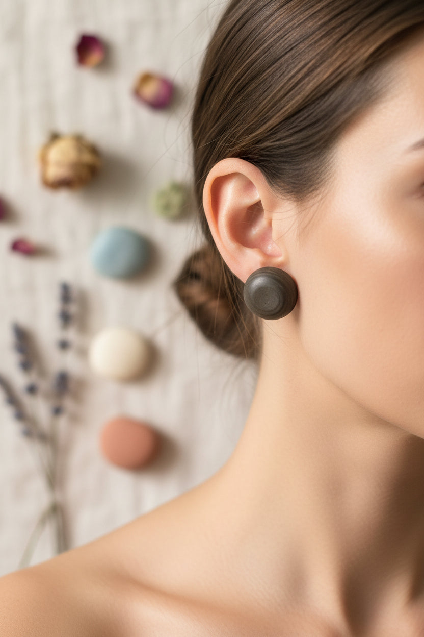 Button Earring Gray Domed Big