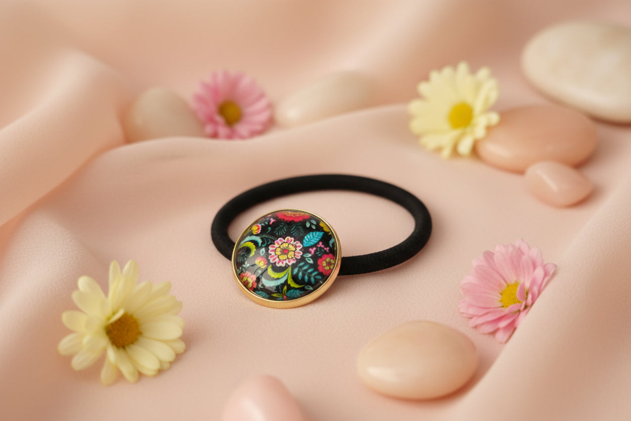 Cabochon Hairtie Traditional Flowers